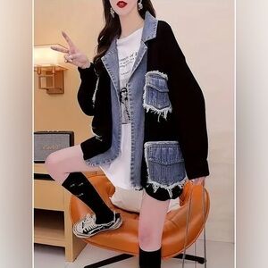 RAW HEM DENIM POCKET PATCHWORK CARDIGAN O/S